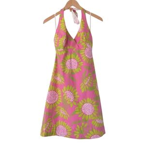 Vtg Lilly Pulitzer Soliel Sunflower Halter Dress Pink Green White Label Size 0